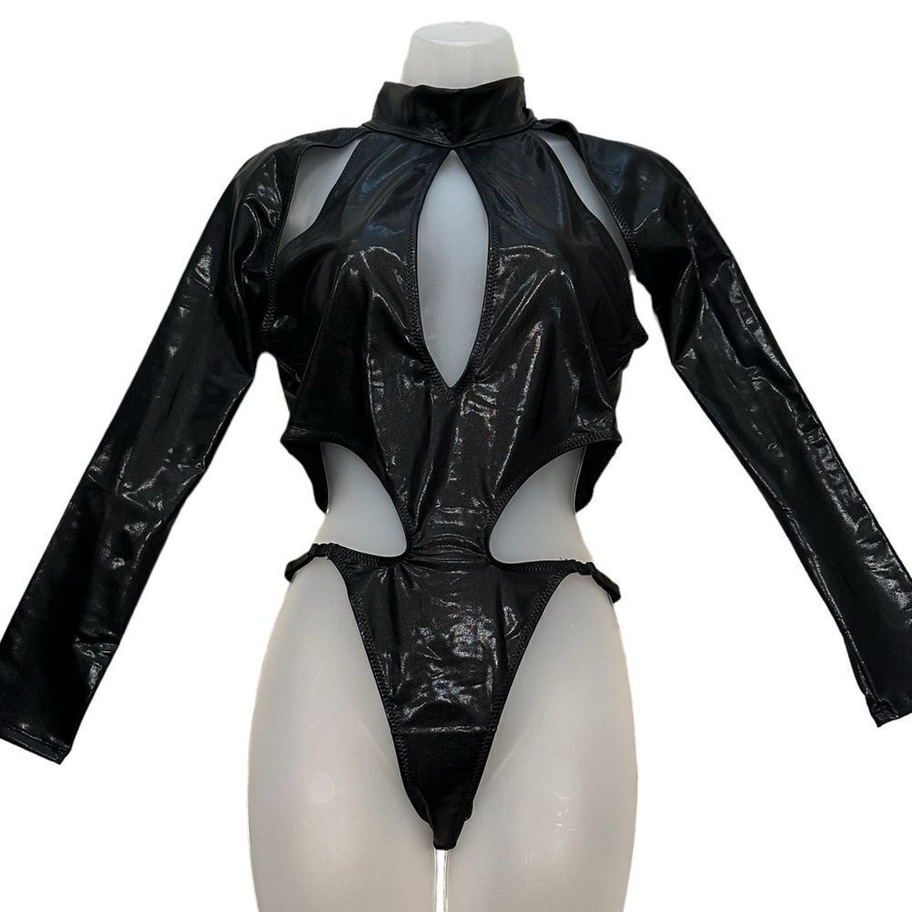 Dollskill ClubEx Black Faux Leather Cut Out long Sleeve Rave Lingerie Bodysuit